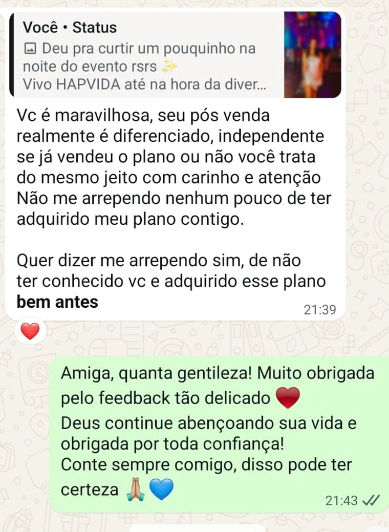 Print real de cliente elogiando o pós-venda e o cuidado após adquirir o plano